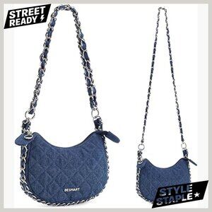 Denim Quilted Crossbody Shoulder Bag Hobo Mini Purse with Chain Strap
